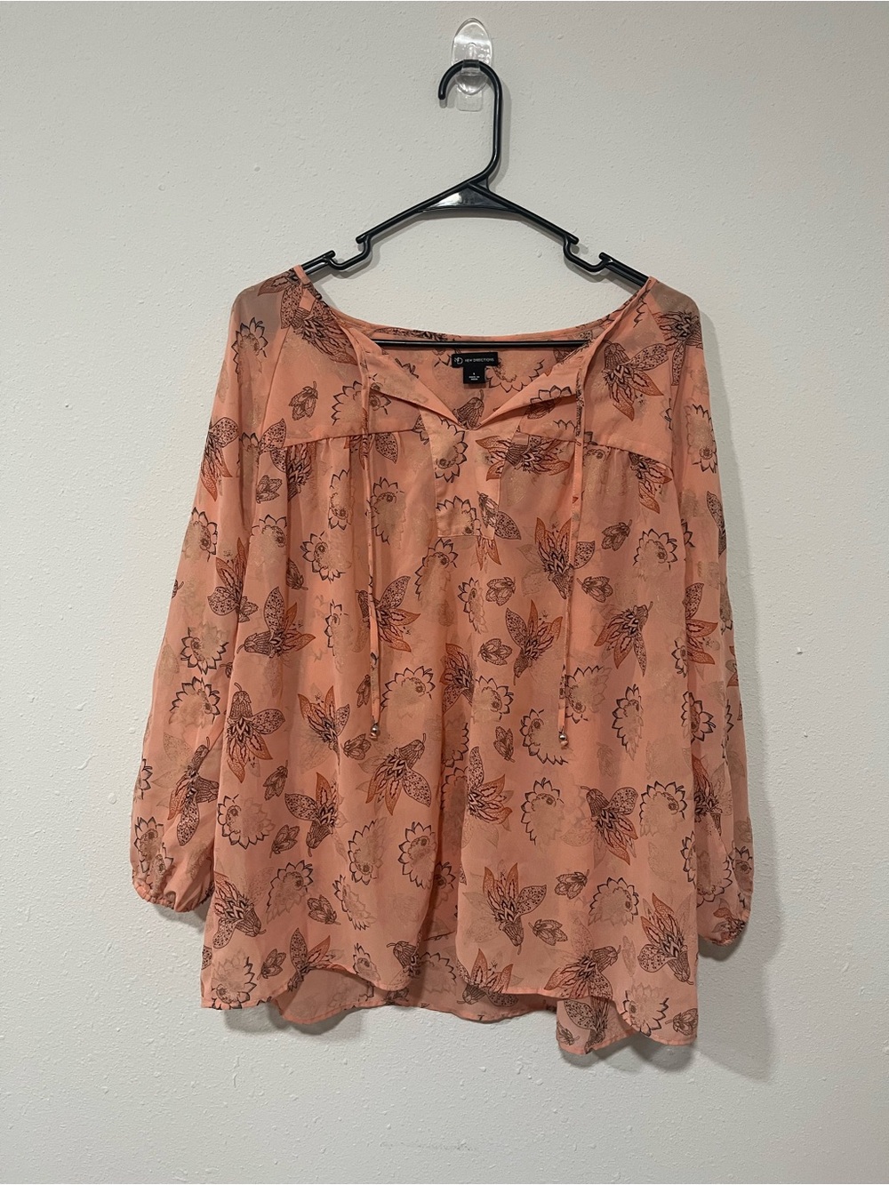 New Directions Peach Floral Boho Blouse Size L